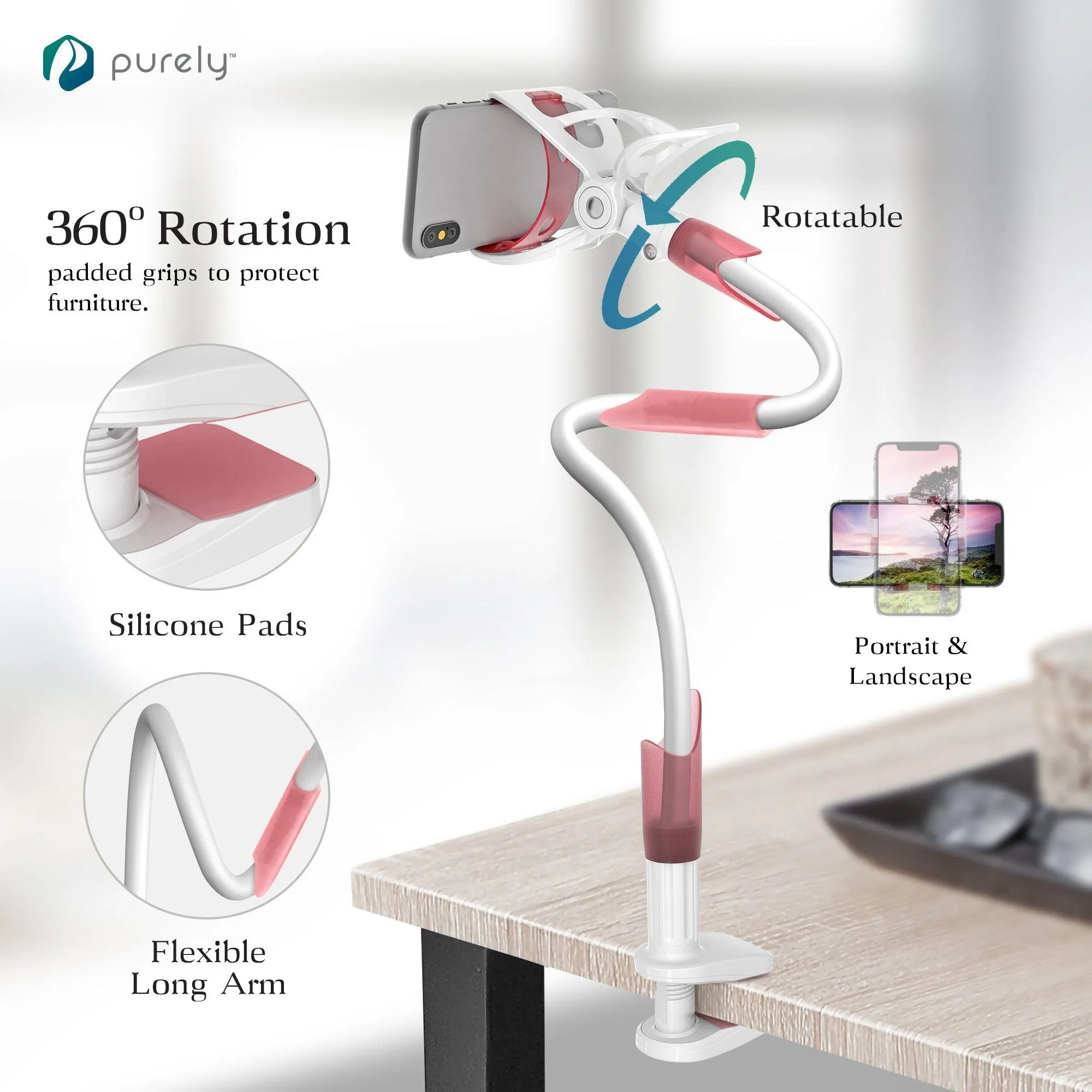 Purely Gooseneck Phone Holder - Flexible Arm Cell Phone Stand for Desk