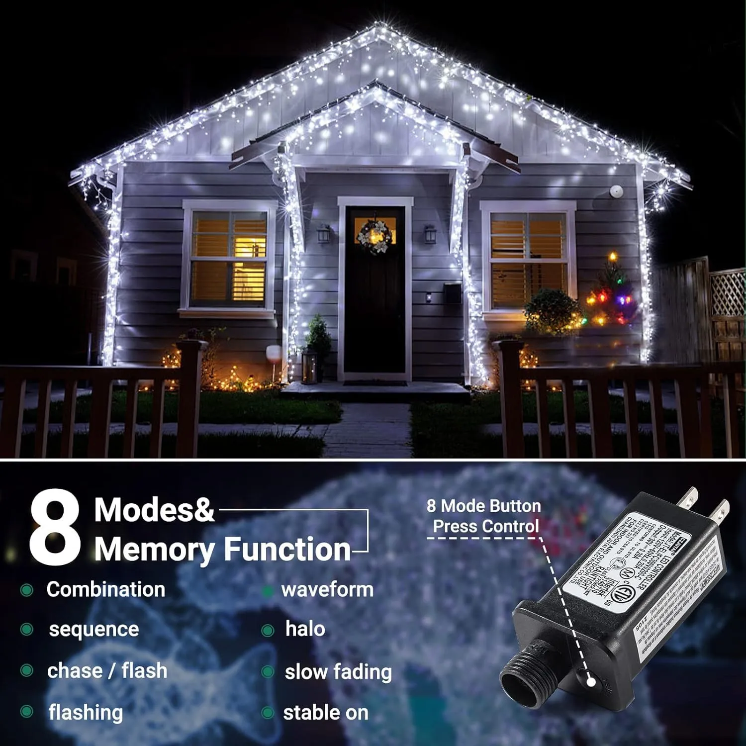 Quntis Christmas Cluster Outdoor White Tree Lights – 8 Modes Plug-In, Available in 2 Sizes for Holiday & Xmas Decor