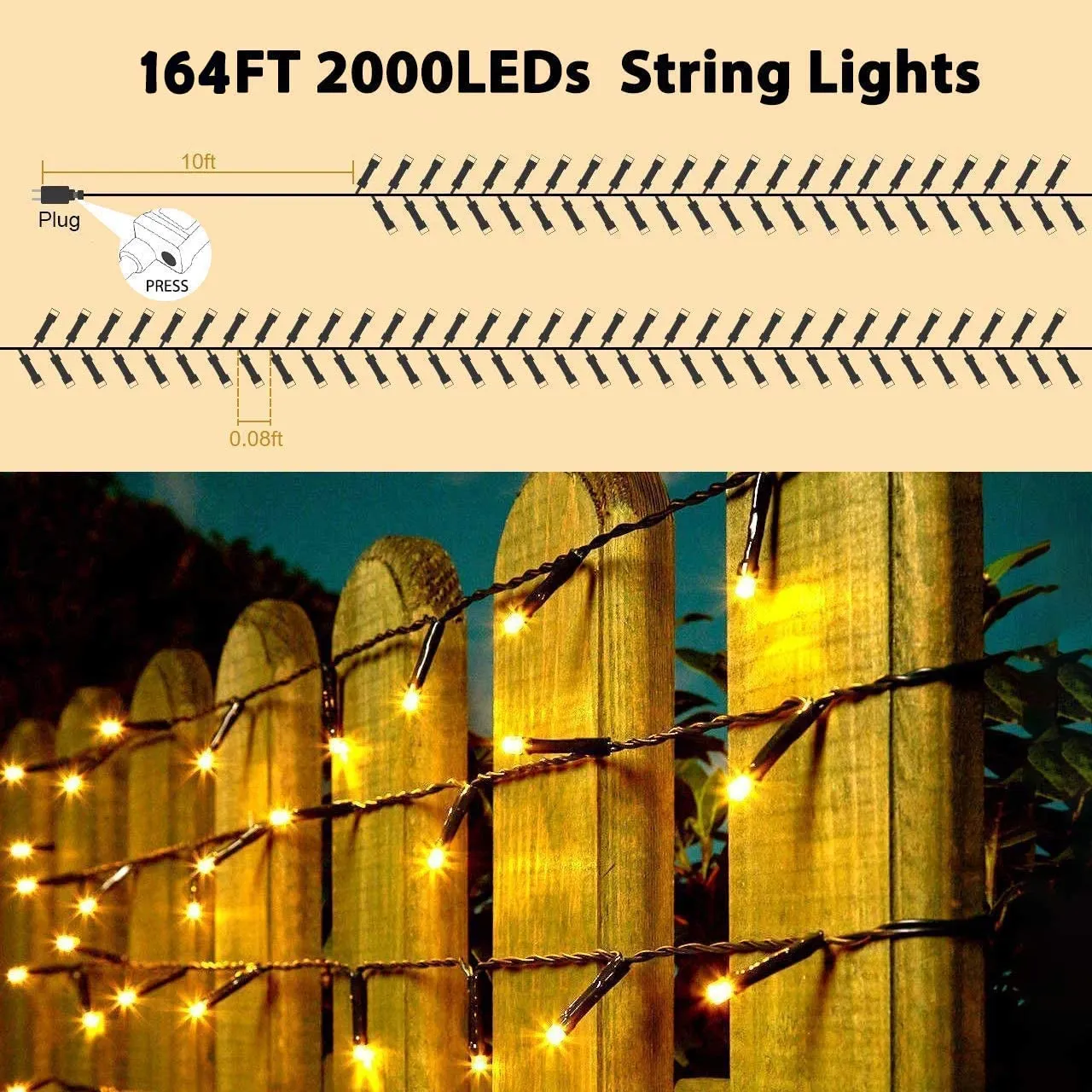 Quntis Waterproof Christmas String Lights – 8 Modes, Available in 2 Sizes for Holiday & Xmas Decor