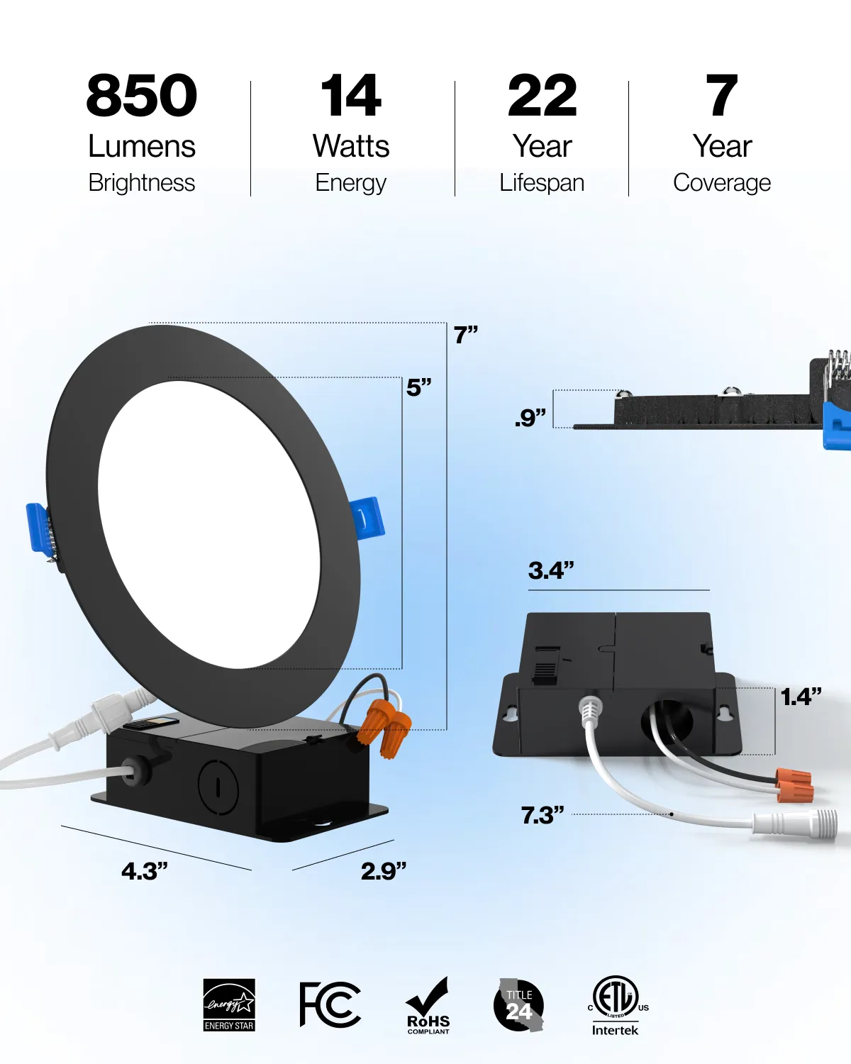 Recessed LED Lighting, 6-Inch, Slim, Wafer Thin, Black Trim, 14W, 850 Lumens