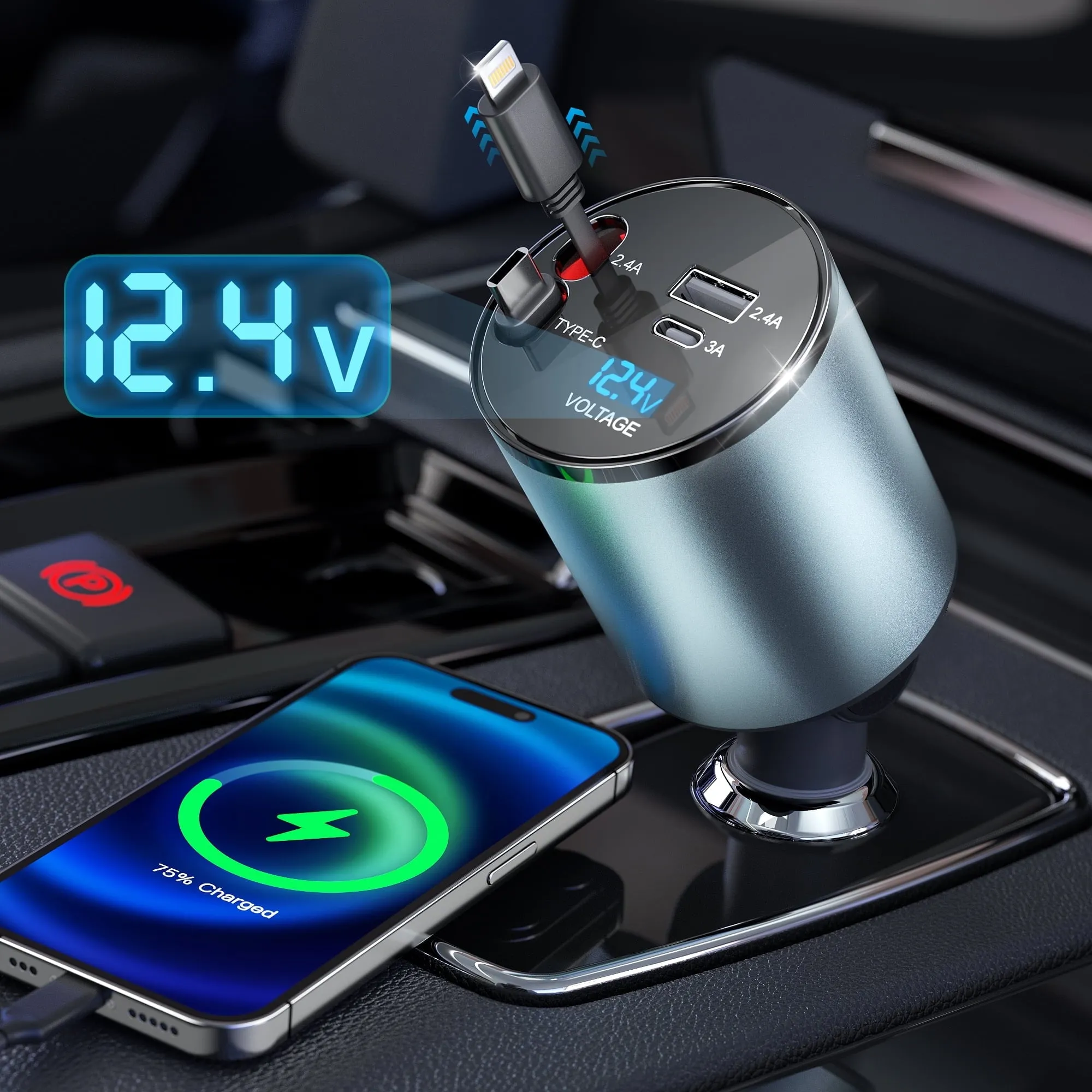 relaxed 4 in 1 Retractable Car Charger 66W Fast Car Phone Charger with Retractable Cables