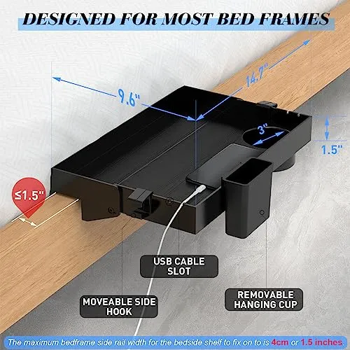 Ronlap Folding Bedside Shelf, Bunk Bed Shelf Organizer for Top Bunk Clip On Nightstand for College Dorm Loft Bed Plastic Bedside Shelf Tray for Kids with Cupholder Hooks Hanging Cup, Small Size, Black