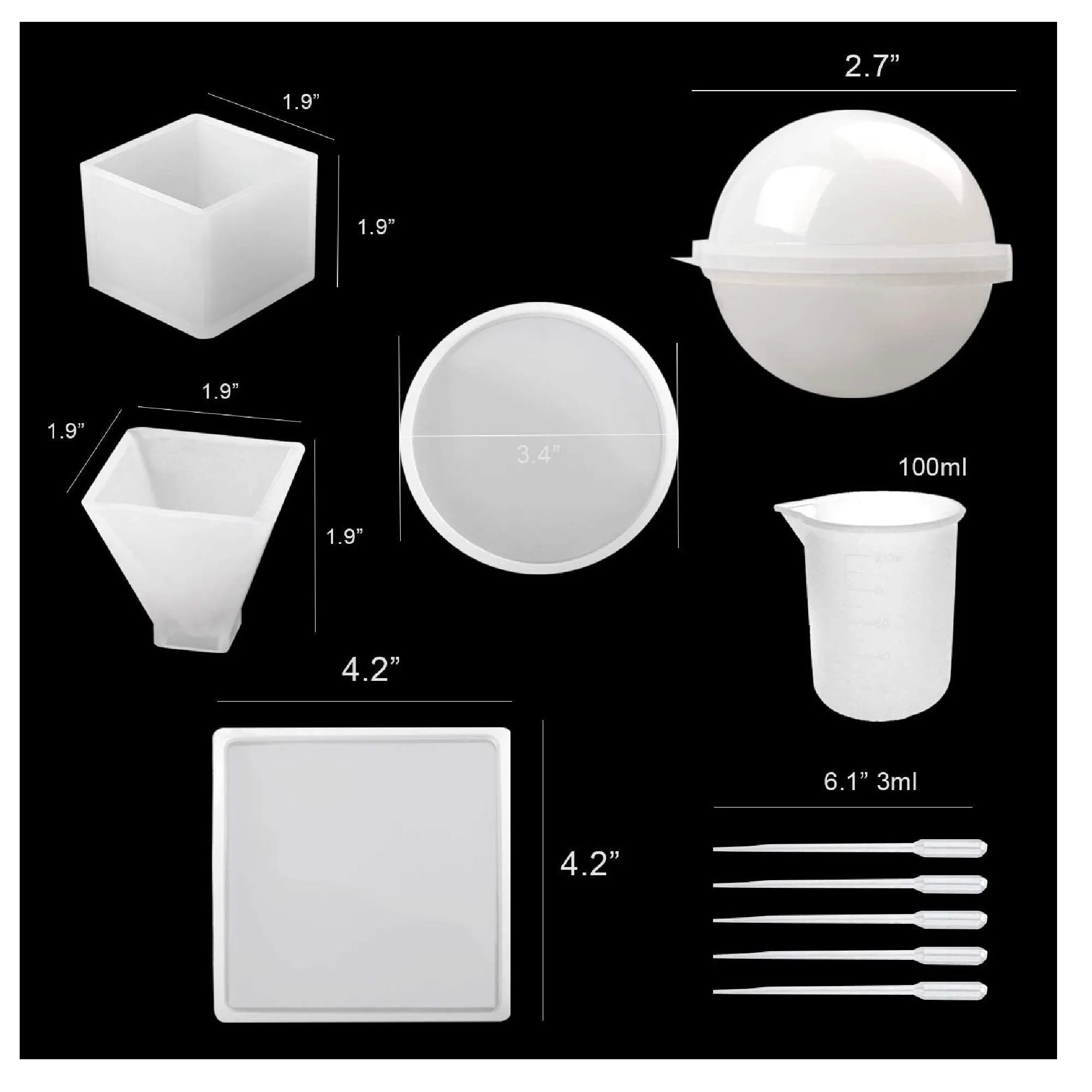 Silicone Resin Molds 5 Resin Casting Molds Including Sphere | Round Pyramid With 1 Measuring Cup And 5 Plastic Transfer Pipettes