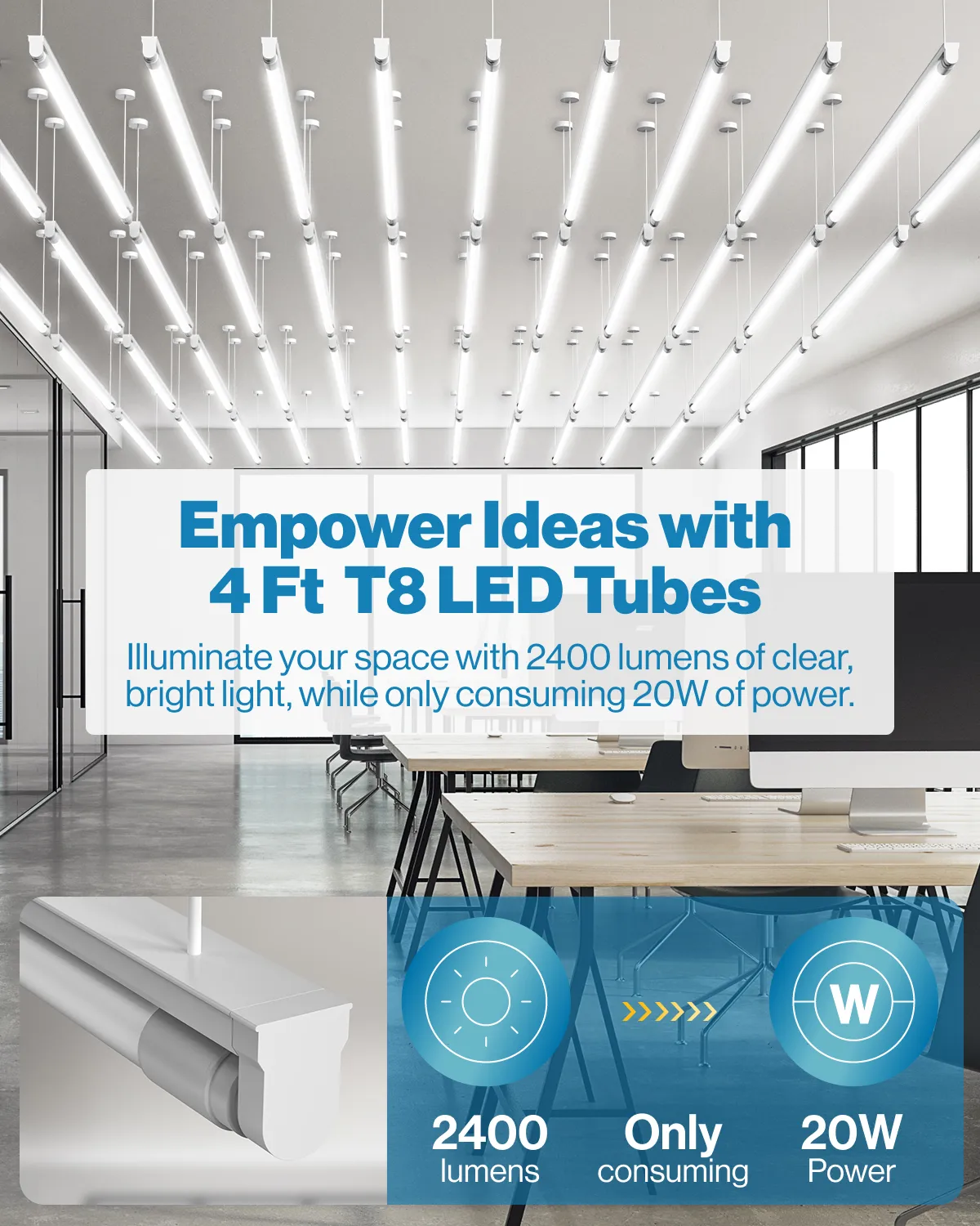 T8 LED Tube, 4ft, Frosted, Plug & Play, Hybrid Type A B, Single/Double Ended, 20W, 2400 Lumens