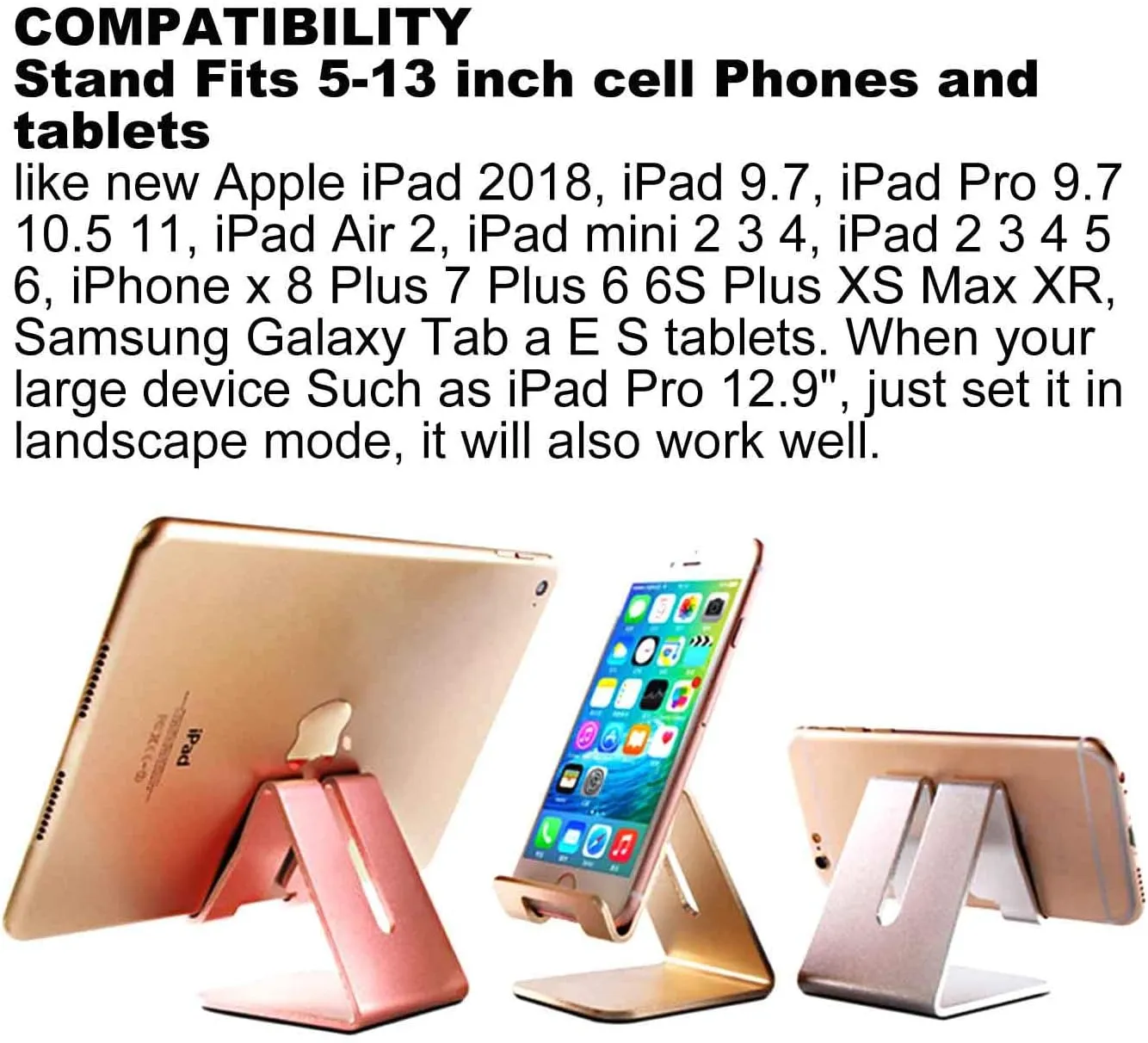Tablet Stand, Phone Stand - Aluminum Solid Portable Desktop Holder. Dock Compatible with Phone 13/ 12/ 11 XR/ MAX XS/ Max XR, iPad Pro 9.7, 10.5, Air Mini 2/ 3/ 4, Kindle Tab (4-13 Inch) -Black