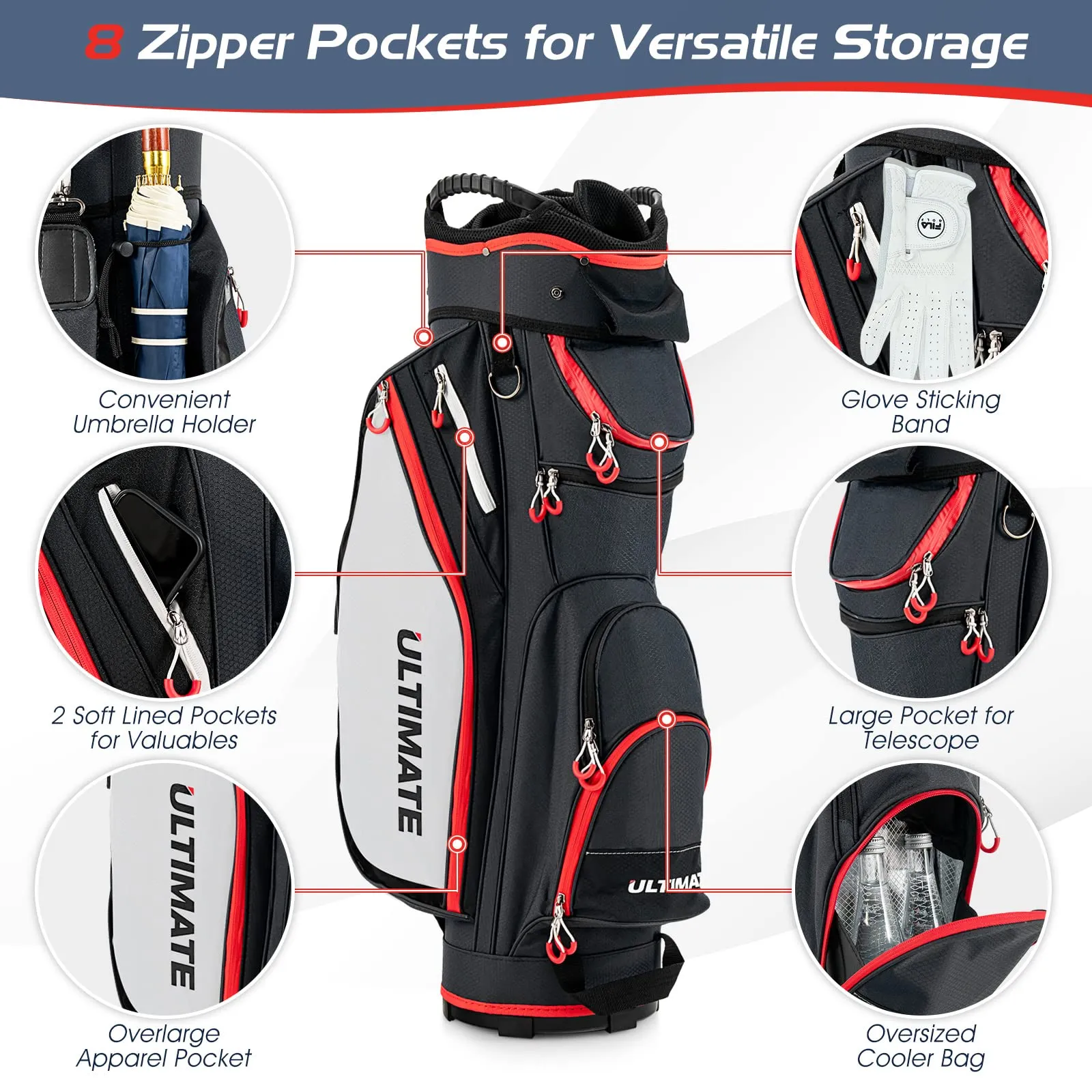 Tangkula 9.5" Golf Cart Bag, Lightweight Golf Cart Bag with 14 Way Dividers Top Organizer, 8 Pockets