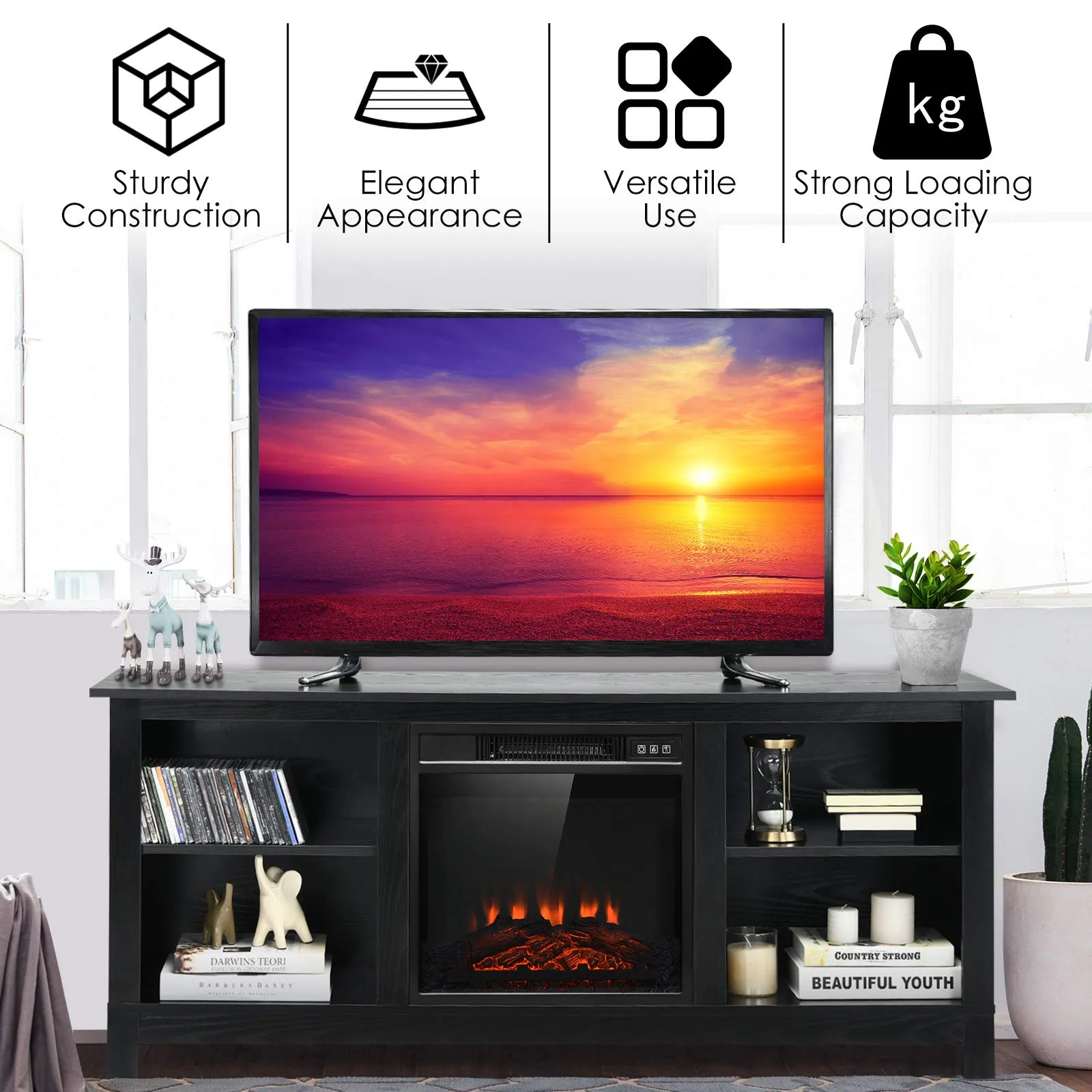 Tangkula Fireplace TV Stand for TVs up to 65 Inches, with 18 Inches 1400W 5,000 BTU Electric Fireplace Insert