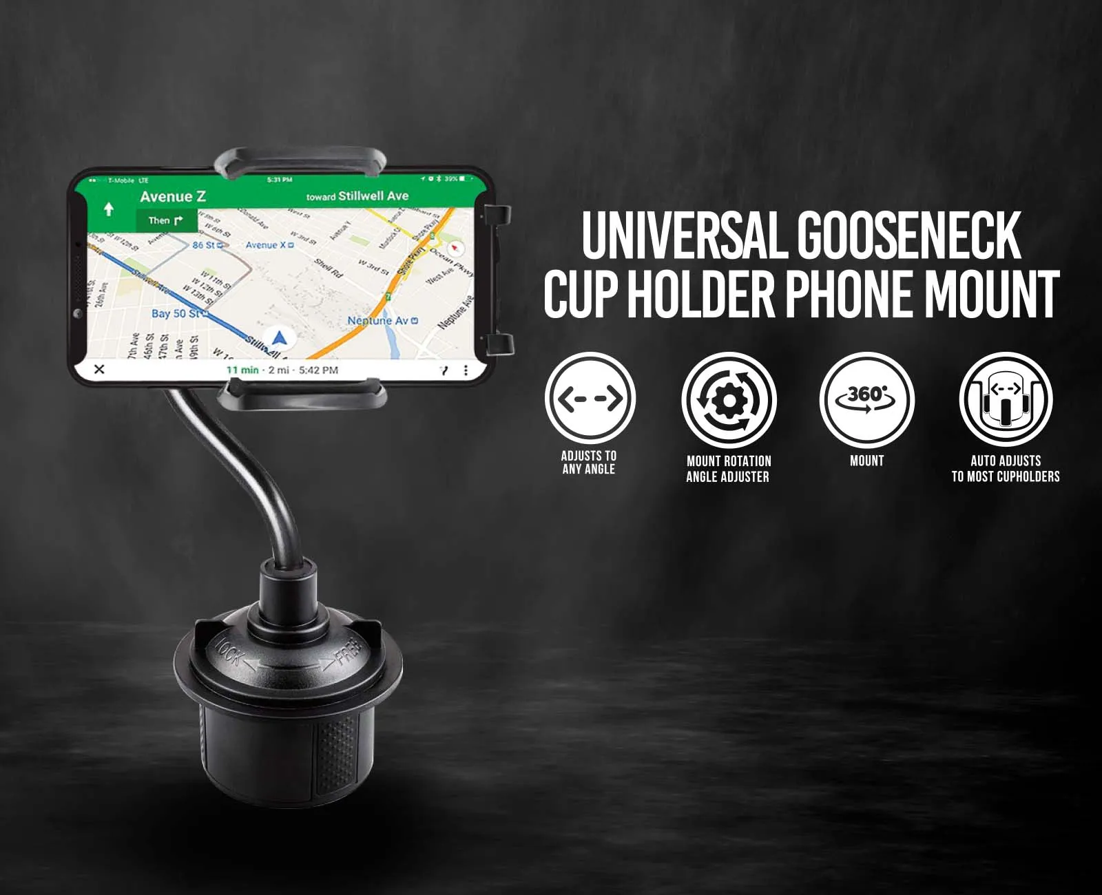 Universal Gooseneck Cup Holder Phone Mount, Adjustable, 360° Rotating for Cars & Trucks